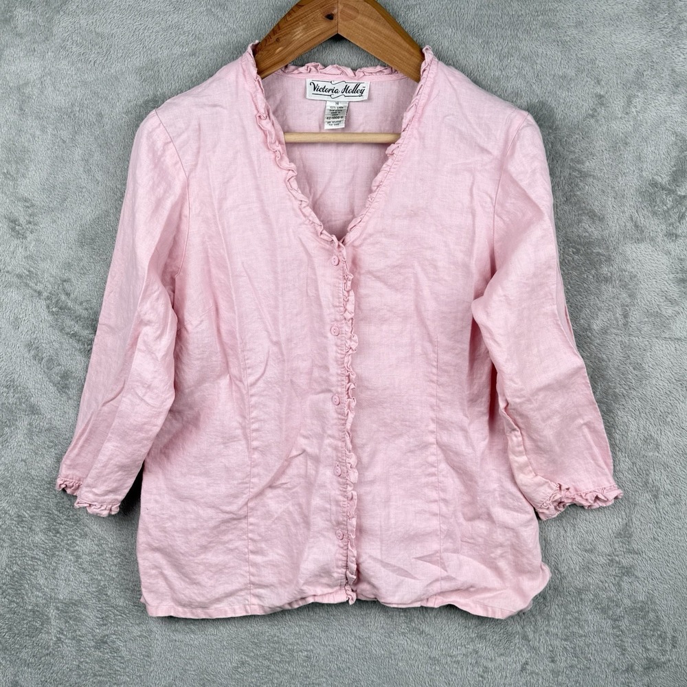 Victoria Holley Blouse Women 14 Pink Linen Button Up Ruffles 3/4 Sleeve V-Neck